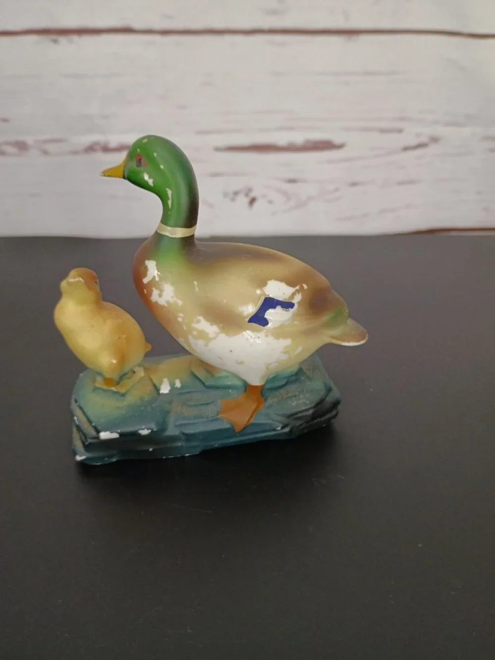 Vintage Ceramic Mallard Duck & Duckling Figurine Hand-Painted Rustic Decor Piece